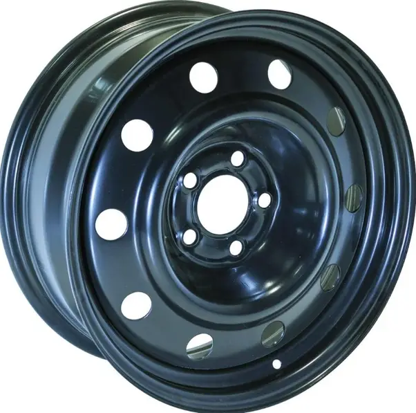 A closeup image of a black car wheel on a white background
