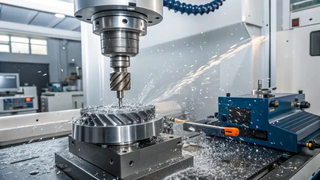 A milling tool removing the material from the titanium workpiece to make a turbine