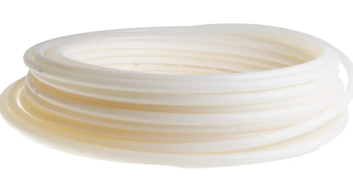 An image of a coiled translucent nylon pipe used for compressed air
