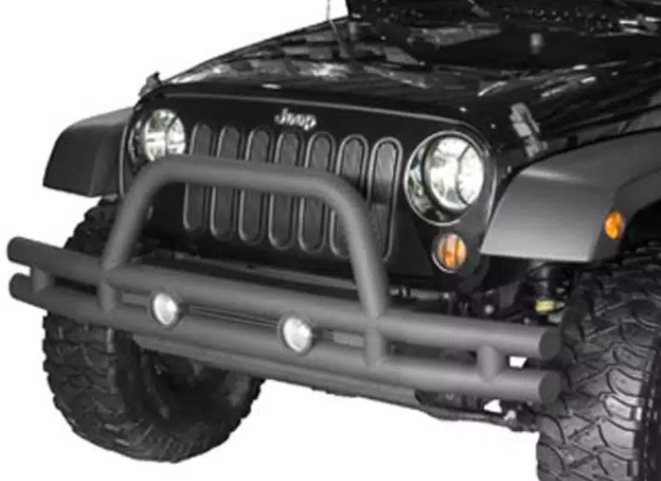 An image of tubular car bumpers on a black Jeep