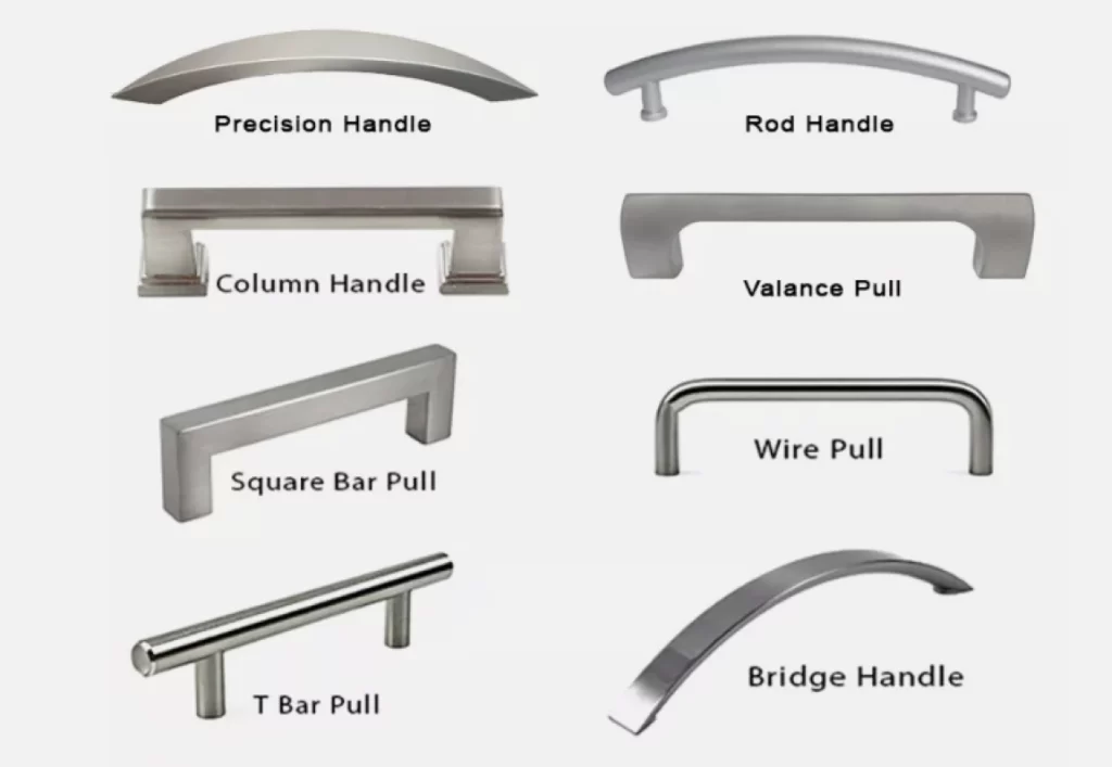 An image of different styles and sizes of cabinet handles on a white background