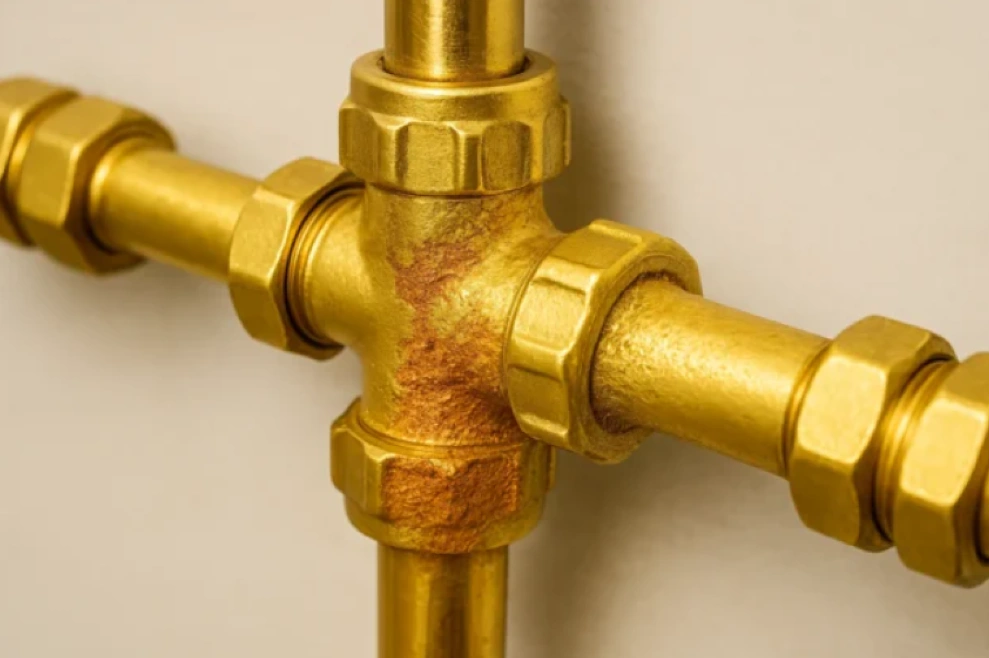 Corroded yellow brass plumbing joint exhibiting red patches due to dezincification